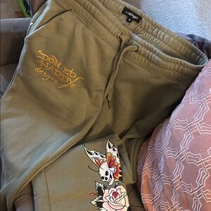 Ed Hardy Olive Joggers with Skull and Rose Design